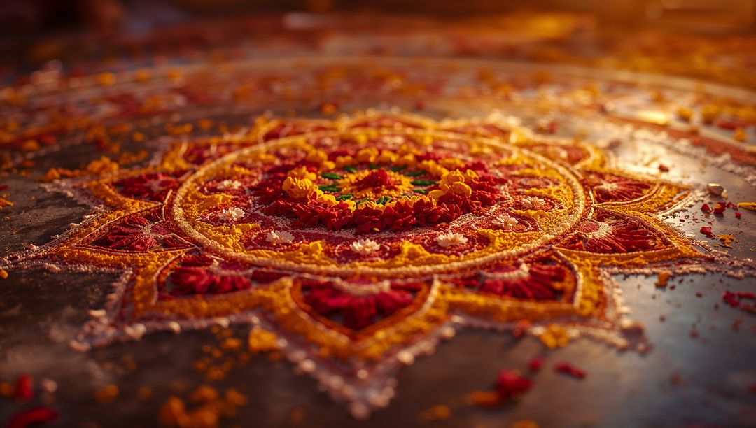 Intricate Multicolor Rangoli Pattern with Powder Fragments