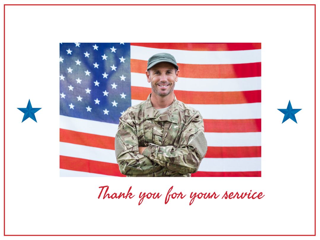 Veteran Soldier Smiling in Front of American Flag - Download Free Stock Templates Pikwizard.com