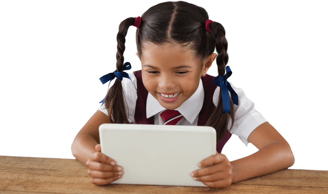 Smiling Schoolgirl Using Transparent Tablet in Classroom