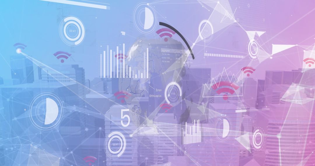 Abstract Global Data Network with Digital Interface and Tall Buildings