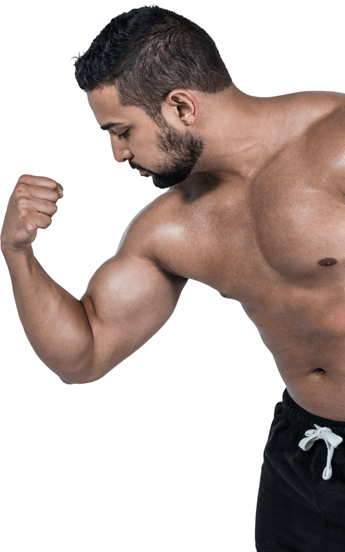 Muscular Man Flexing Arm on Transparent Background Fitness