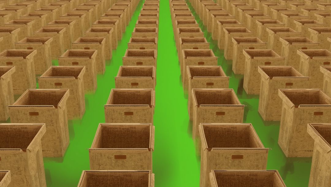 Symmetrical Rows of Wooden Storage Crates on Glossy Surface