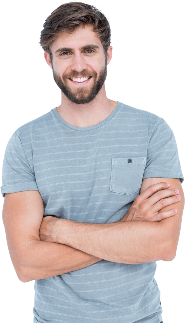 Transparent Portrait of Smiling Man with Folded Arms in Casual Grey Shirt