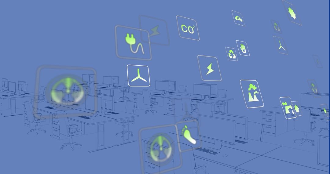 Digital Workspace with Sustainable Energy Icons and Blueprints