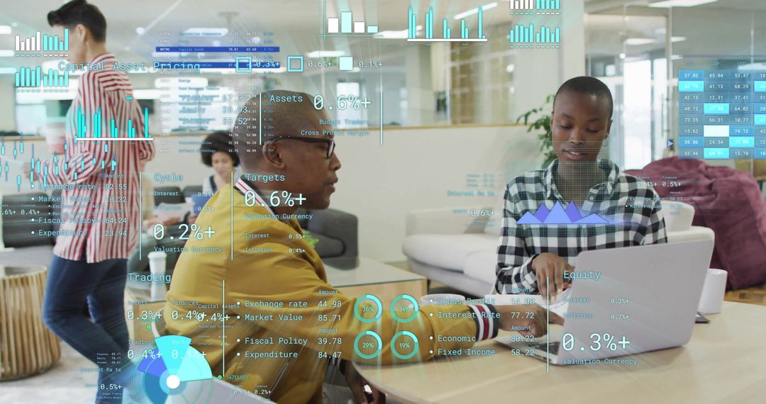 Diverse Business Team Analyzing Financial Data with Digital Graphics