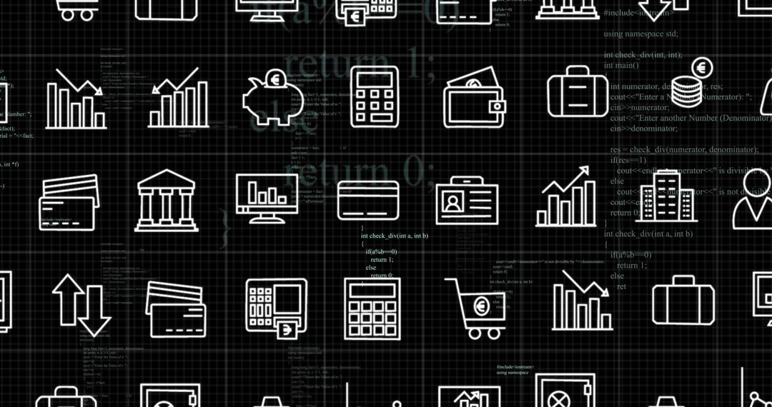 Business and Finance Icons on Black Grid Background