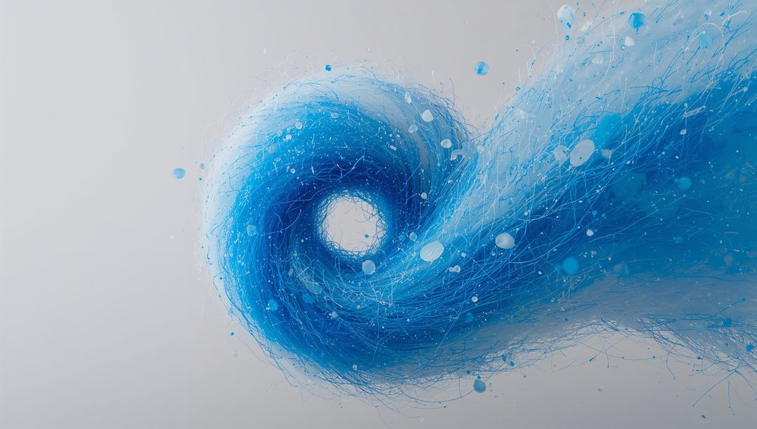 Swirling Blue Vortex of Fibrous Threads Conveying Dynamic Motion and Fluid Energy