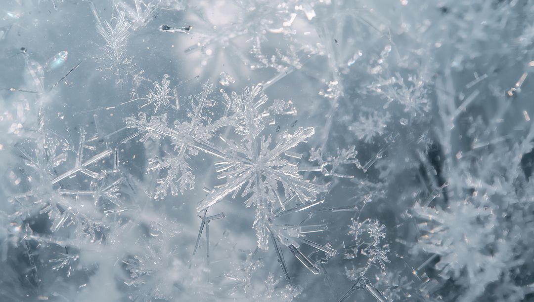 Glinting snowflake crystals forming hexagonal patterns on frosted window macro