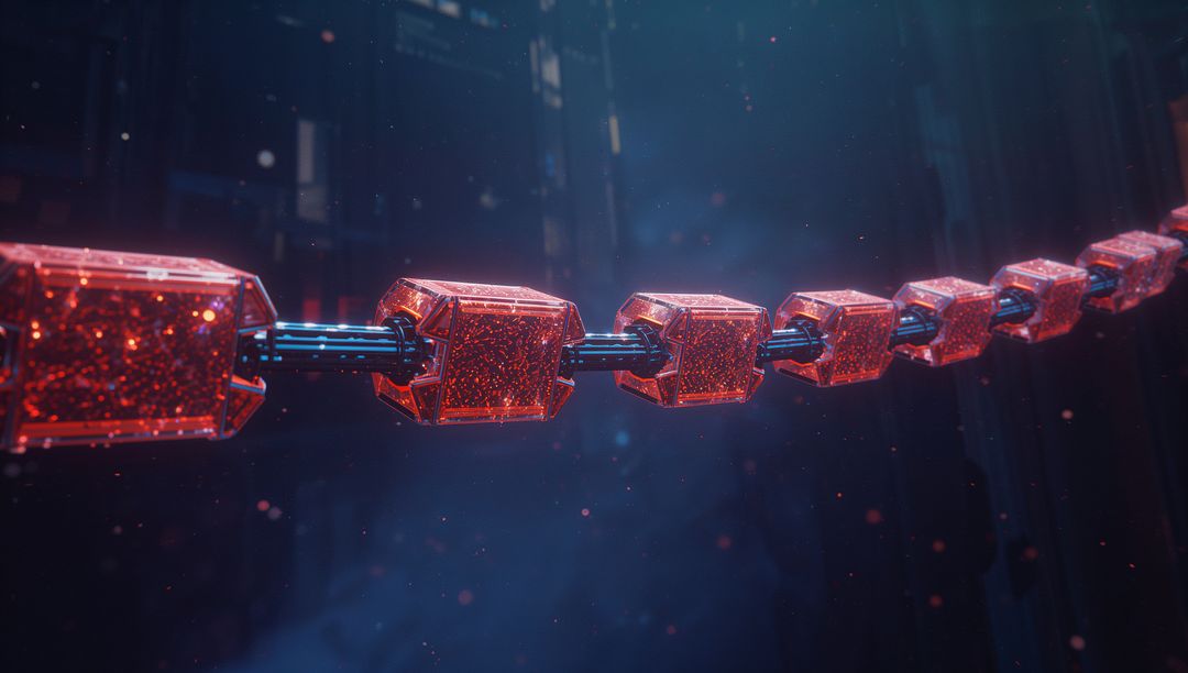 Futuristic Red Translucent Cube Chain in Tech Corridor