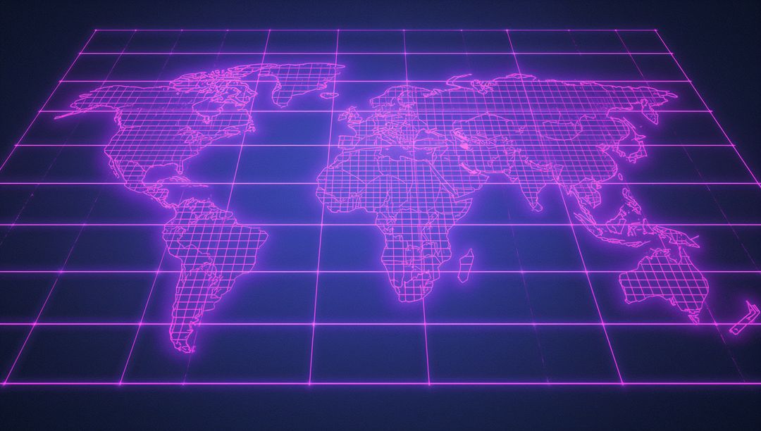 Futuristic Neon Wireframe World Map on Glowing Grid