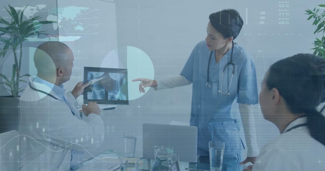 Medical Team Analyzing X-ray with Technology Overlay in Hospital