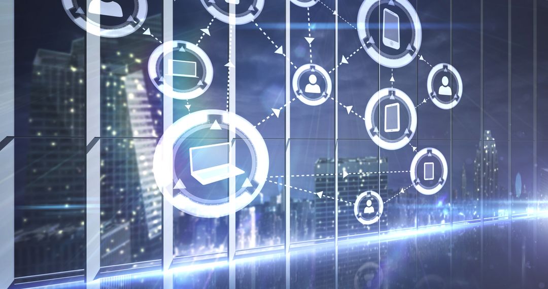 Digital Network Overlay on Cityscape Illustrating Connectivity