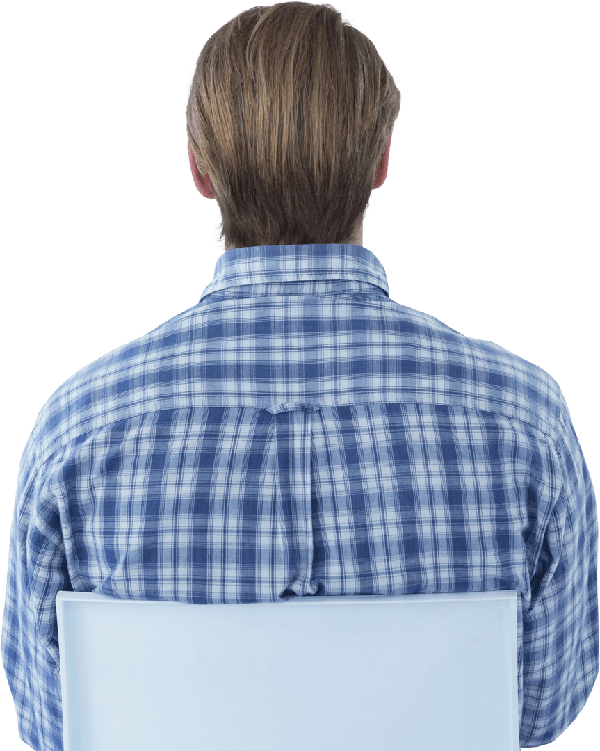 Rear View Transparent Background of Man in Blue Plaid Shirt