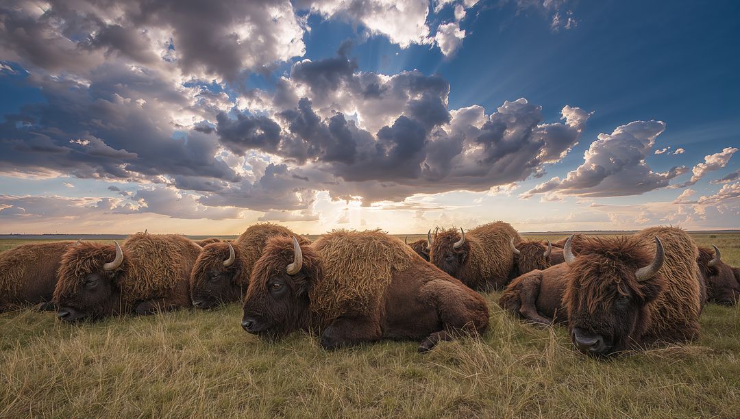 Herd of American bison resting on open prairie under dramatic sunrise clouds and sun rays
