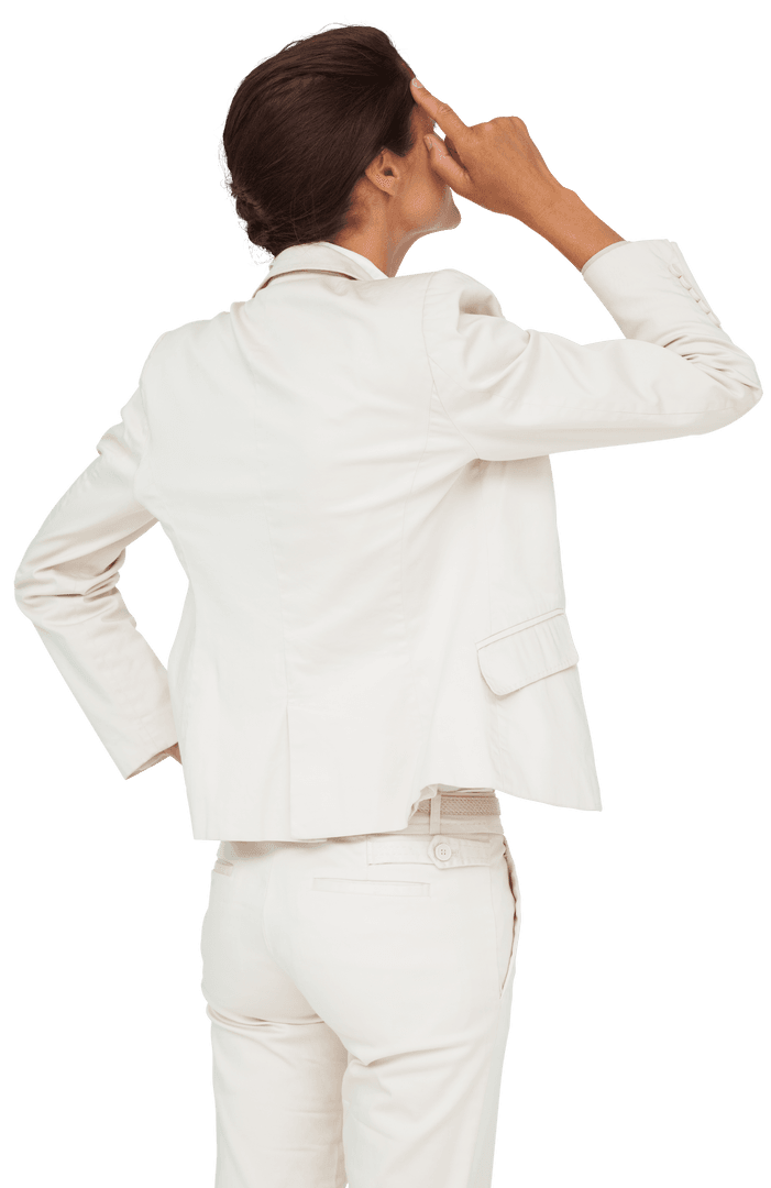 Thoughtful Biracial Businesswoman in White Suit on Transparent Background