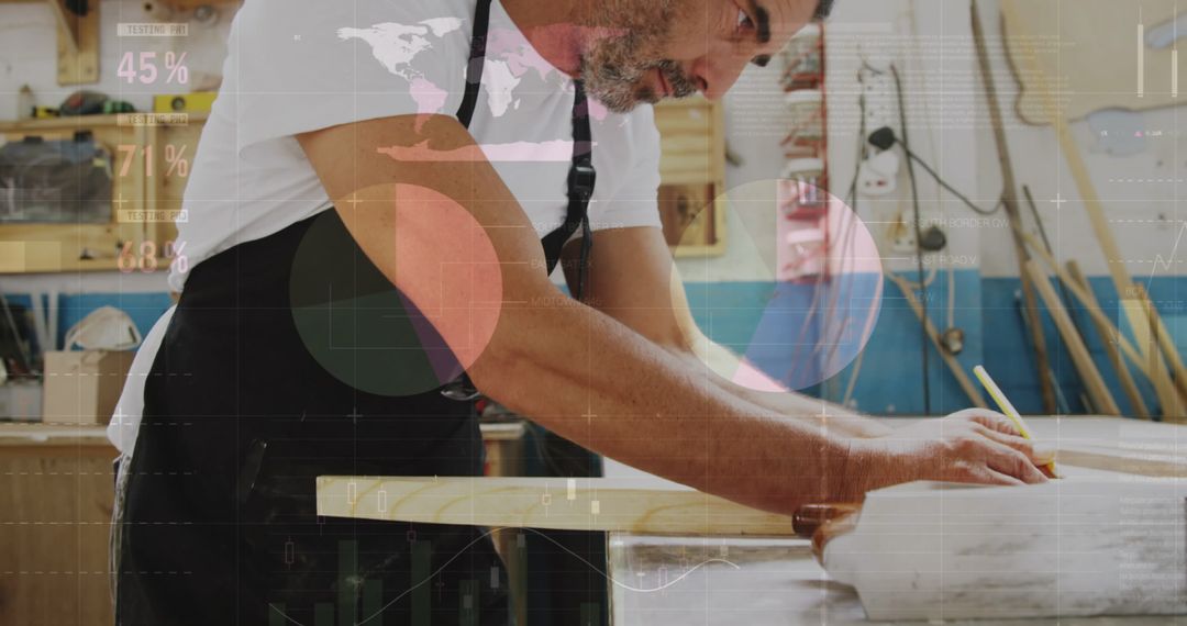 Caucasian Carpenter Analyzing Digital Data Overlay While Woodworking