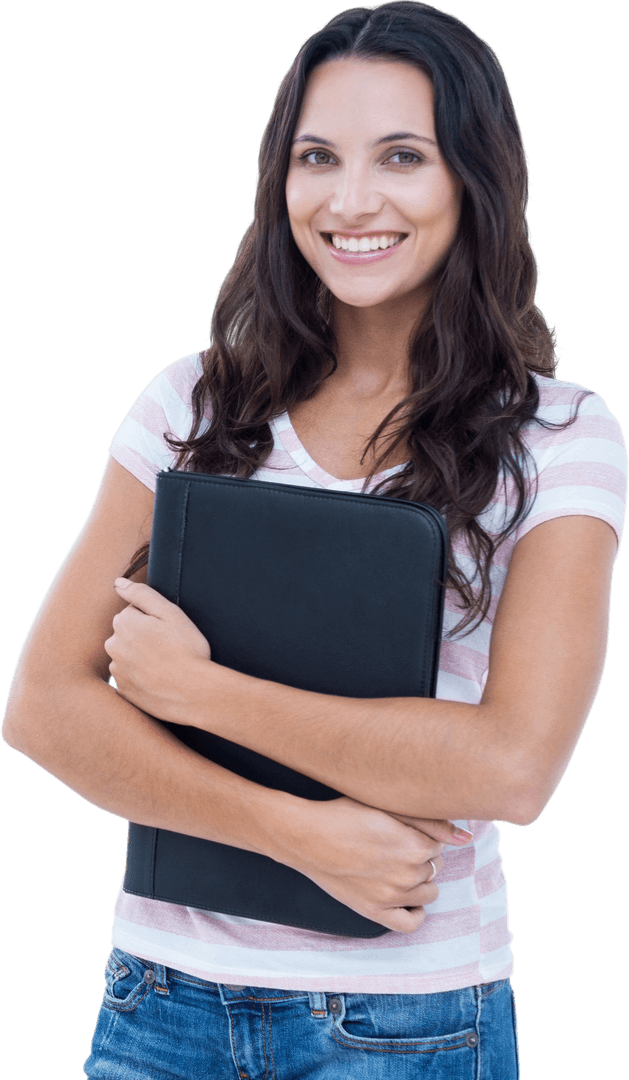Caucasian Woman Smiling with Notebook on Transparent Background