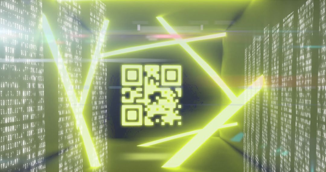 Futuristic QR Code with Neon Lights in Digital Matrix