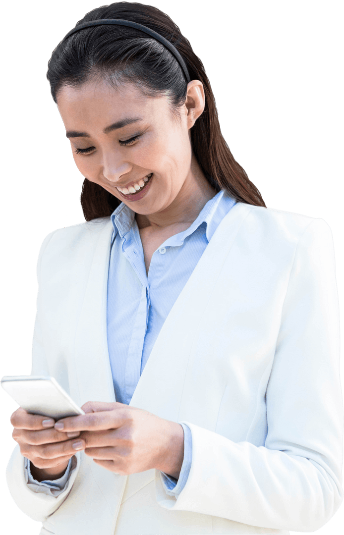 Asian Businesswoman Smiling Using Smartphone Transparent Background