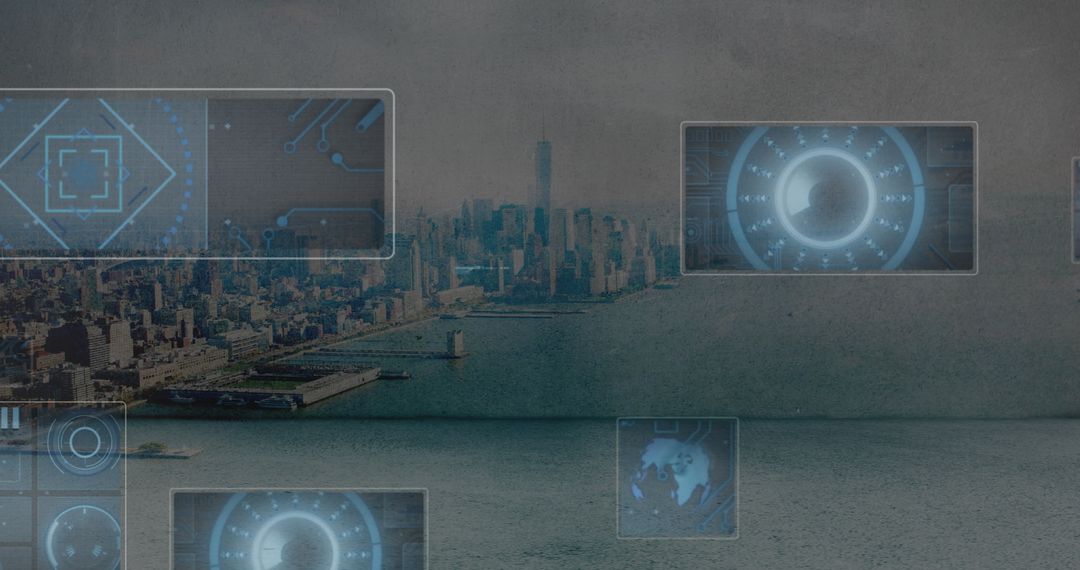 Digital Interface Overlay on Cityscape Imagery