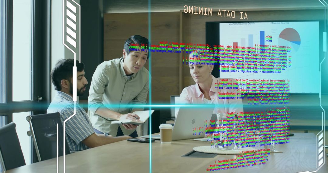 AI Data Mining Team Meeting with Holographic Code Display