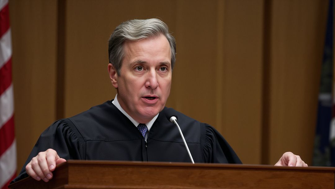 Presiding Judge Delivering Courtroom Address from Bench with Gooseneck Microphone