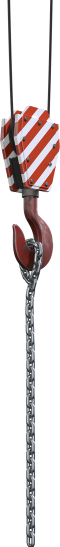Industrial Silver Chain Hanging on Red Hook Pulley Isolated on Transparent Background