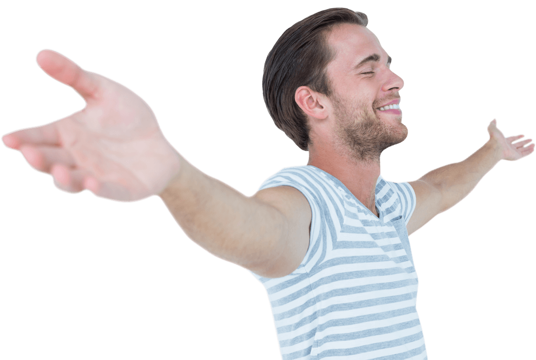 Smiling Young Man with Arms Outstretched in Joy Transparent Background