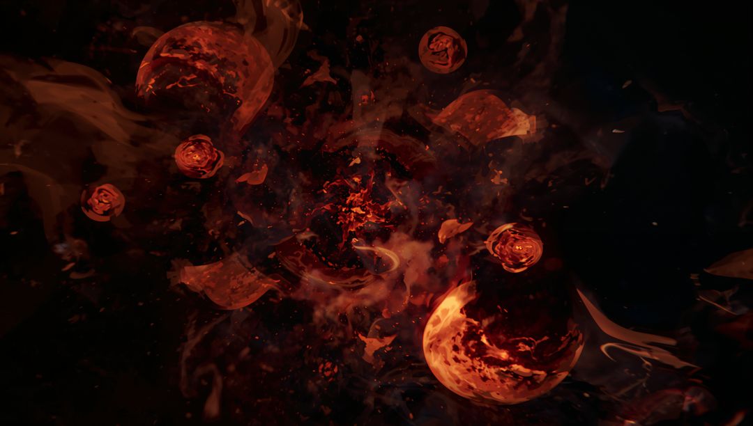 Molten Spheres Swirling Around Fiery Core in Deep Space Void