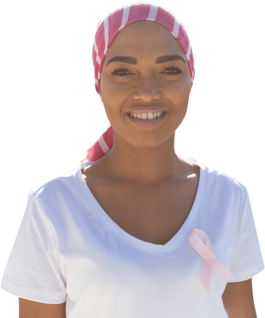 Smiling Woman with Headscarf and Pink Ribbon on Transparent Background