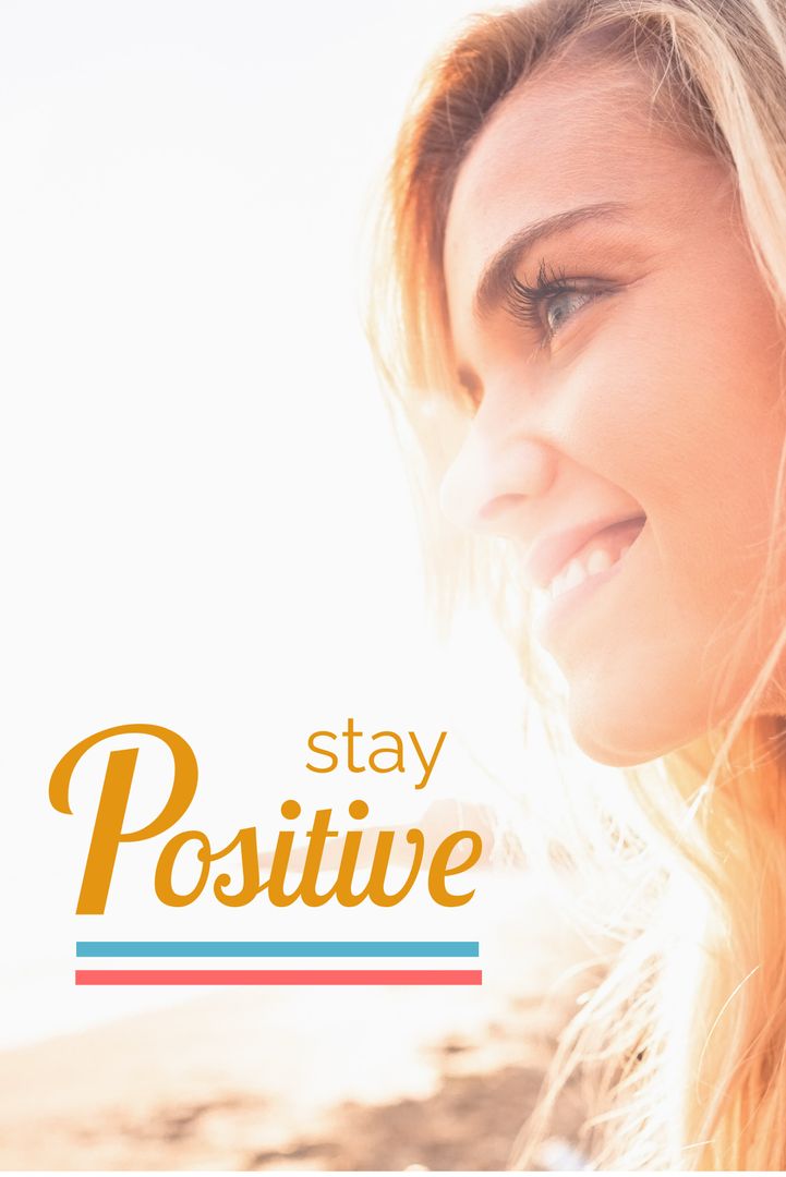 Smiling Woman with Stay Positive Text Uplifting Spring Vibes