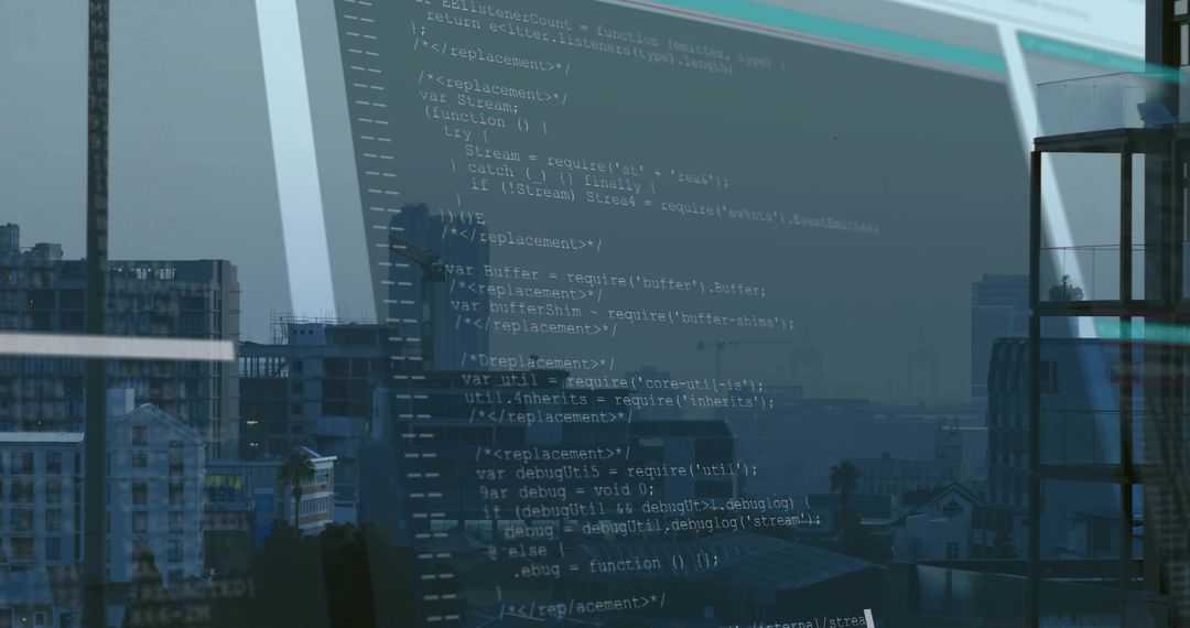 JavaScript Code Overlay on Urban Office Window with Skyline
