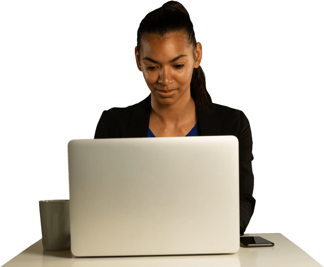 Transparent Businesswoman Using Laptop for Communication