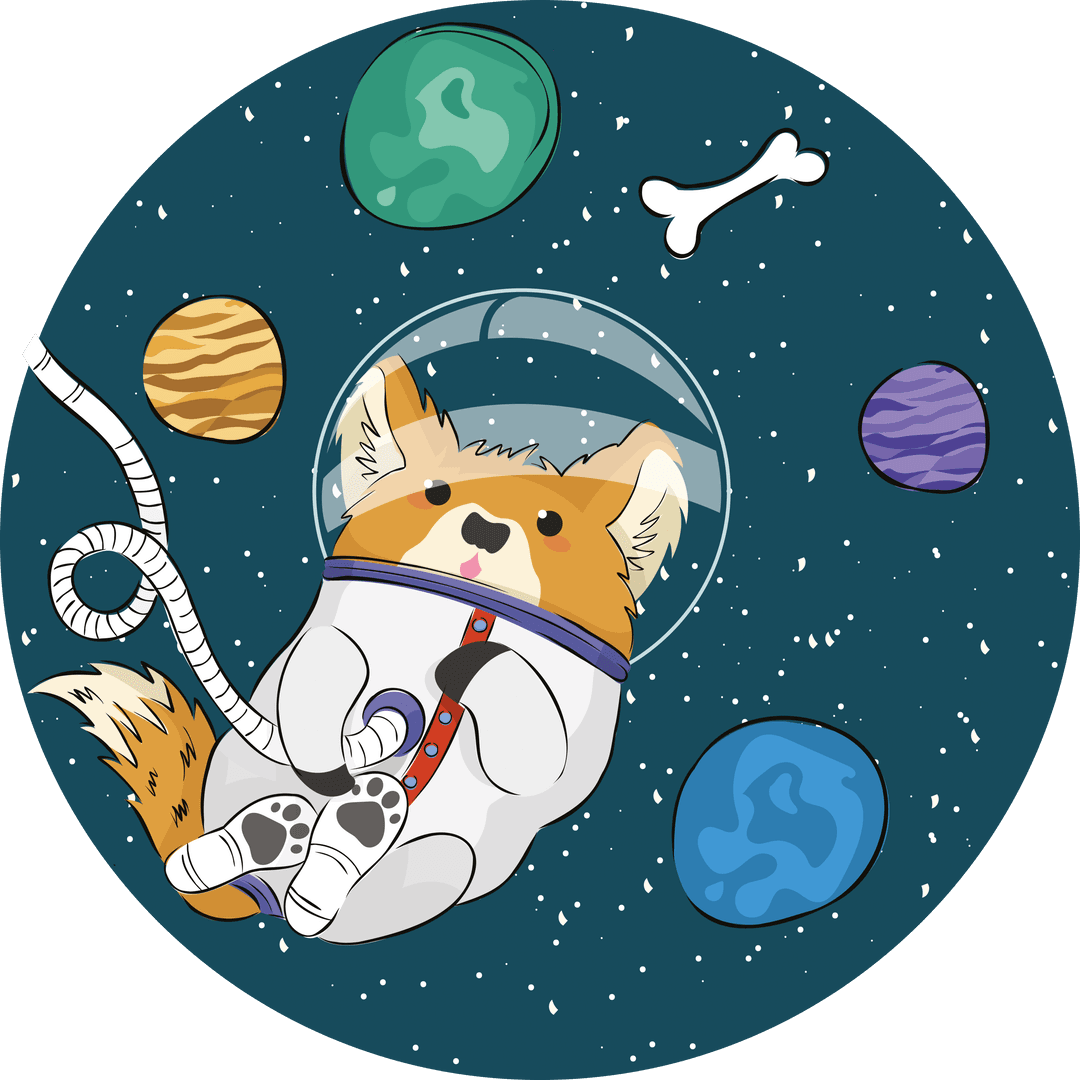 Cute Fox Astronaut Floating Among Planets with Bone on Transparent Background