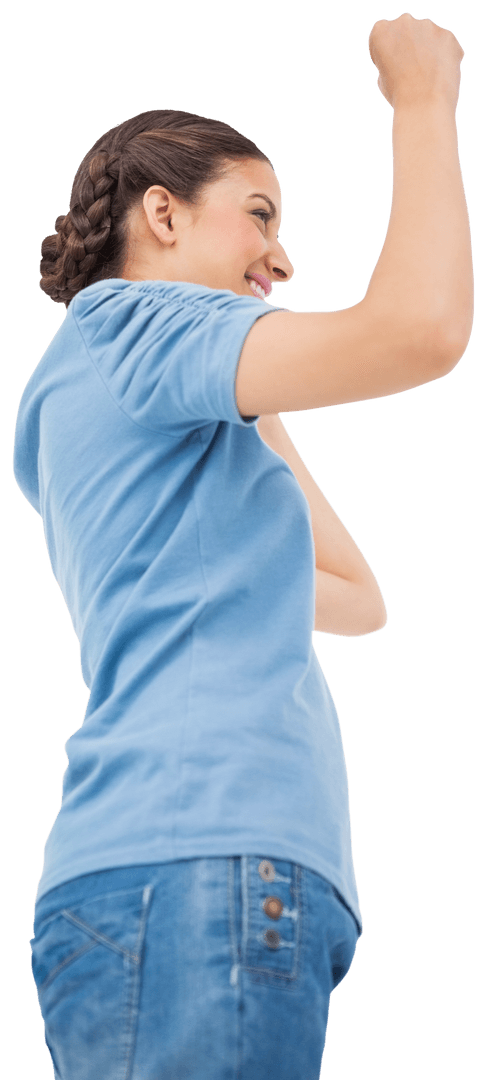 Joyful Biracial Woman with Arms Raised on Transparent Background
