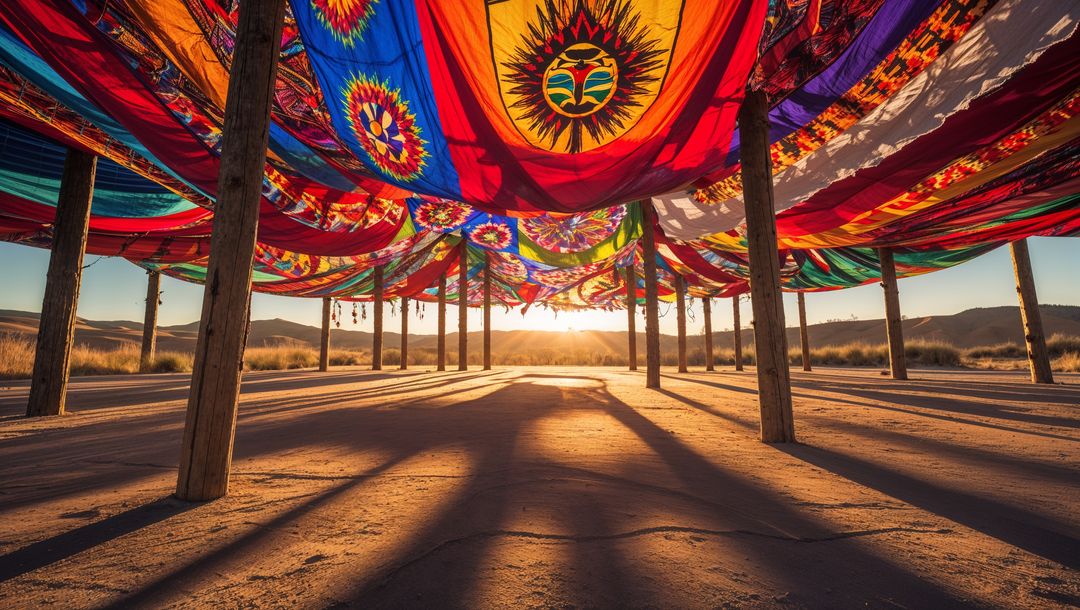 Vibrant Fabric Canopies with Geometric Patterns Over Desert Sand