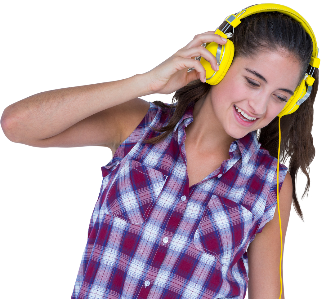 Smiling Young Woman with Yellow Headphones in Checkered Shirt on Transparent Background - Download Free Stock Images Pikwizard.com