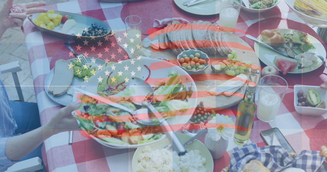 American Flag Overlay on Picnic Table with Festive Foods