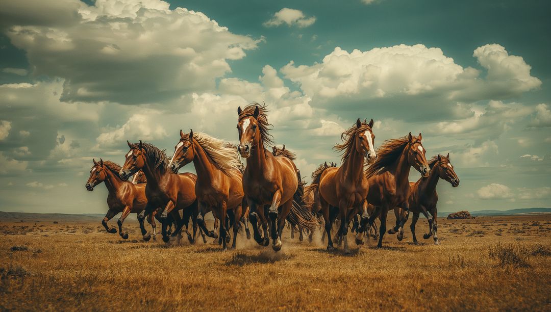 Herd of Wild Horses Galloping on Open Plain under Cloudy Sky
