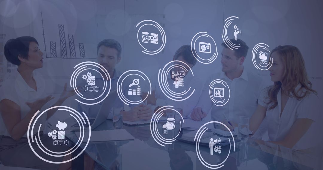 Business Team Discussing Digital Strategy with Futuristic Infographic Overlays