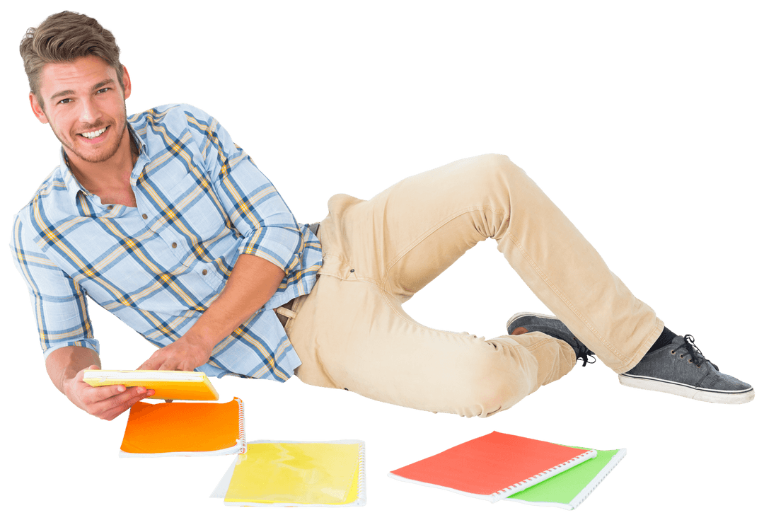 Smiling Man Studying with Notebooks on Transparent Background - Download Free Stock Images Pikwizard.com