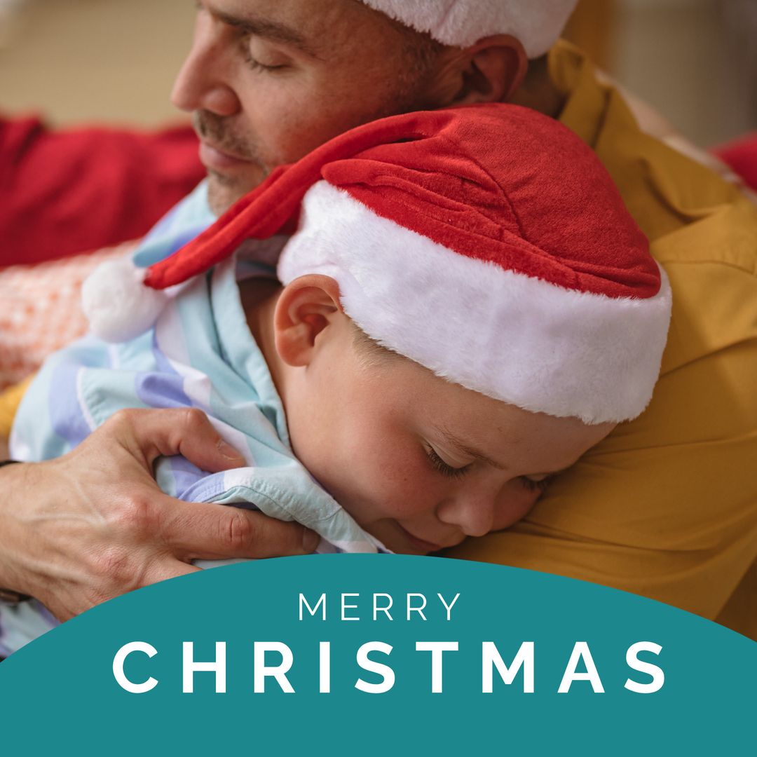 Father and Son Embracing on Christmas Morning with Santa Hats