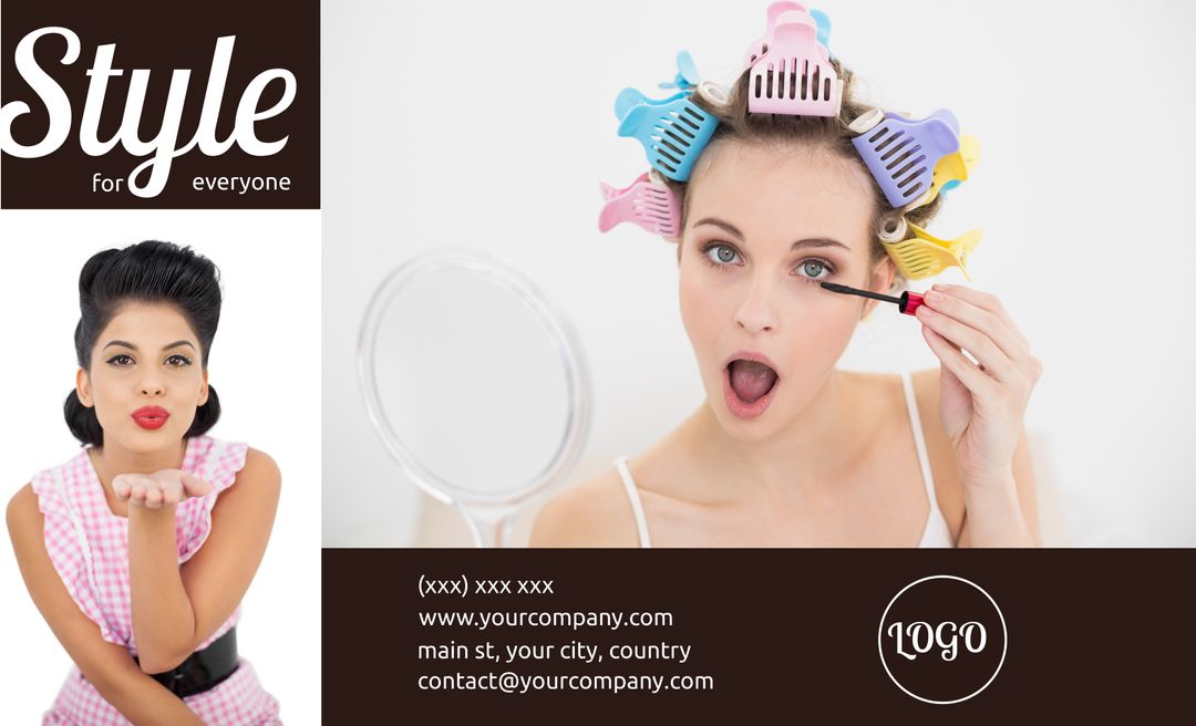 Beauty Salon Ad with Woman Applying Makeup and Hair Rollers - Download Free Stock Templates Pikwizard.com