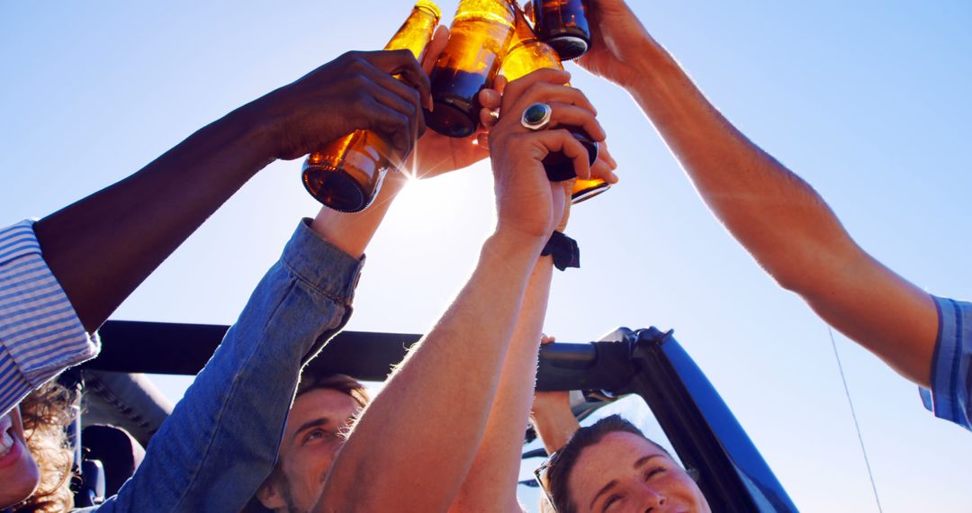 Friends Cheering with Drinks on a Sunny Day - Free Images, Stock Photos and Pictures on Pikwizard.com