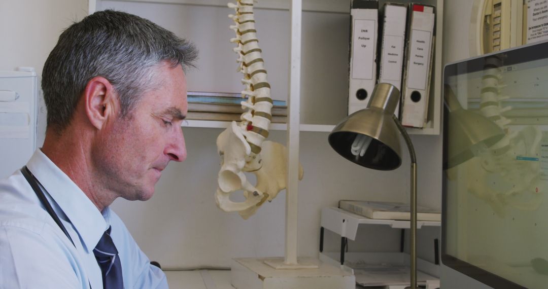 Doctor Using Computer in Clinic with Spine Model in Background