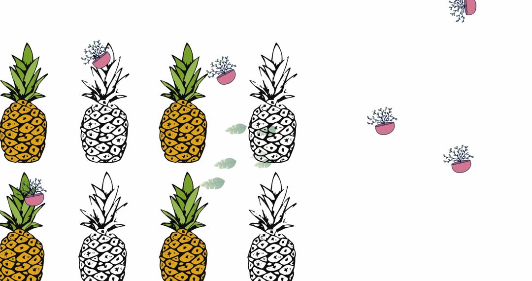 Stylized Pineapple Pattern with Pink Pots and Leaves on White Background
