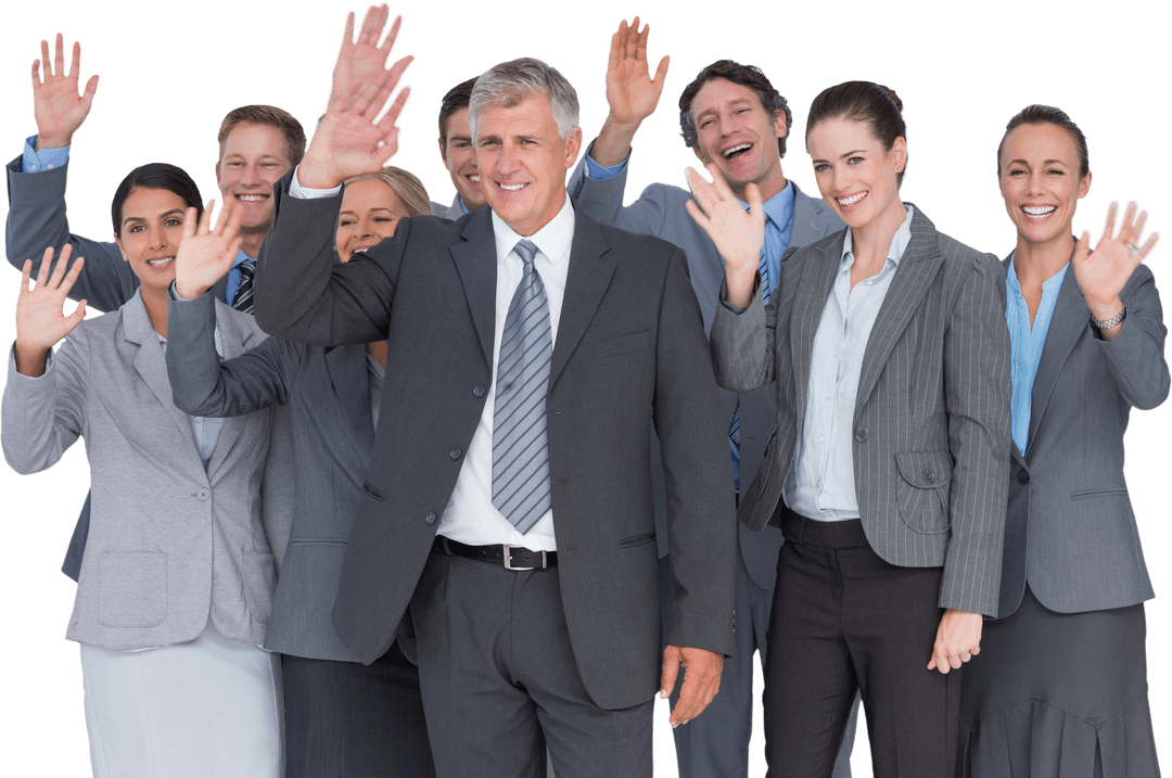 Transparent Business Team Smiling and Waving at Camera, Energetic Outlook