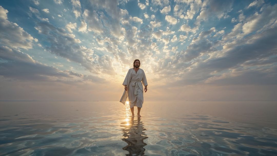 Moses serene sunrise walk on water with divine atmosphere