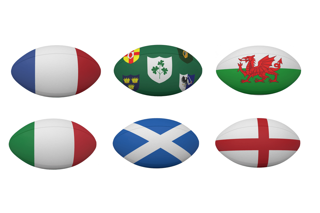 Rugby Balls with European Flags on Transparent Background