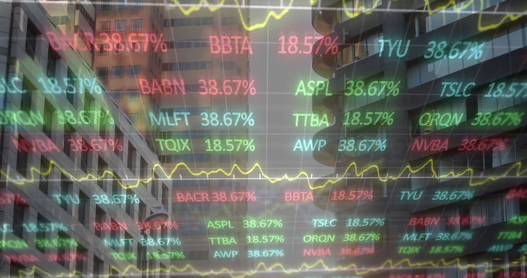 Digital Financial Graphs Overlay on Urban Cityscape Sky
